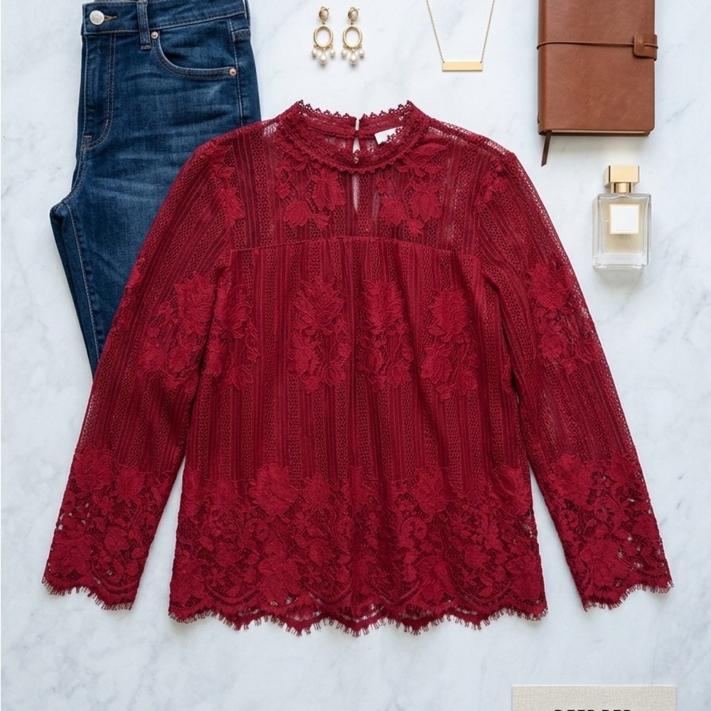 Ultra Pink Burgundy Lace Yoke Long-Sleeve Blouse
